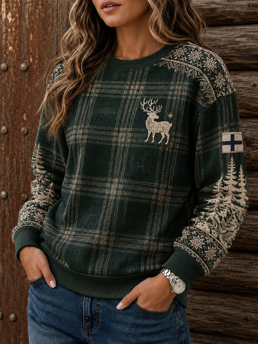 Dammössa finsk arktisk ren naturmotiv konsttryck långärmad sweatshirt