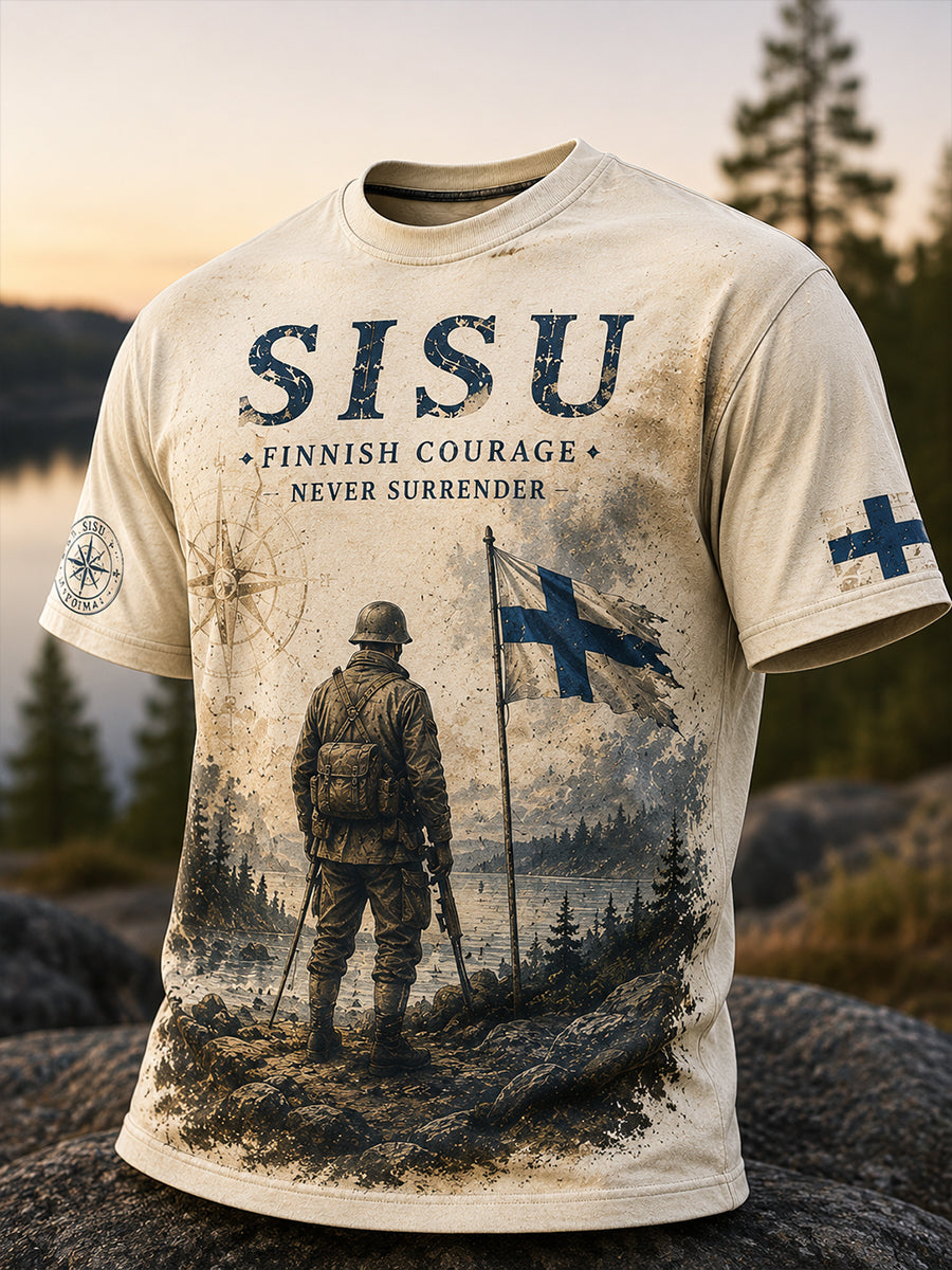 Herrlig Sisu-patriotisk minnes-T-shirt med konstnärlig tryck – Finländsk veteran