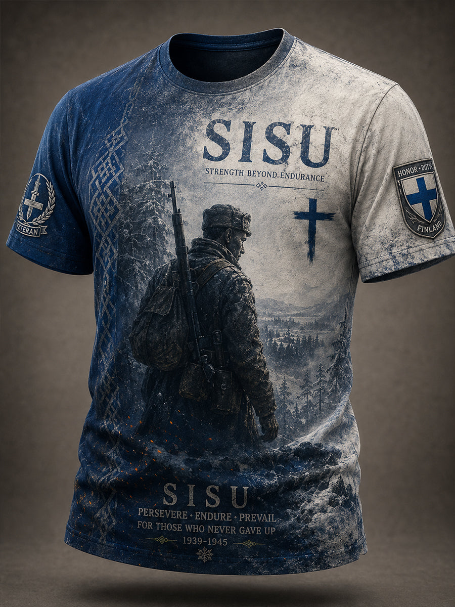 Herrlig Sisu-patriotisk minnes-T-shirt med konstnärlig tryck – Finländsk veteran
