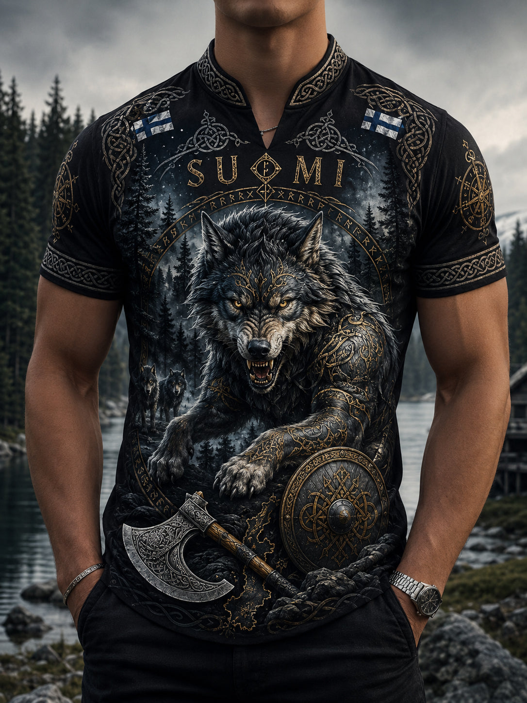 Mäns finska Viking Patriotisk konst Skriv ut T-shirt