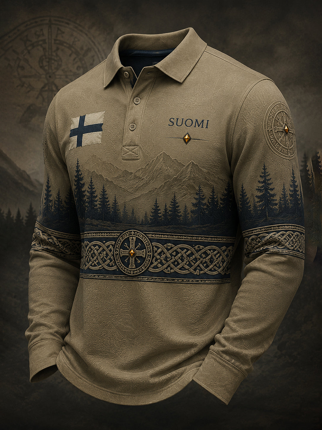 Herrpolotröja med lång ärm och finsk vikingainspirerad grafisk printning