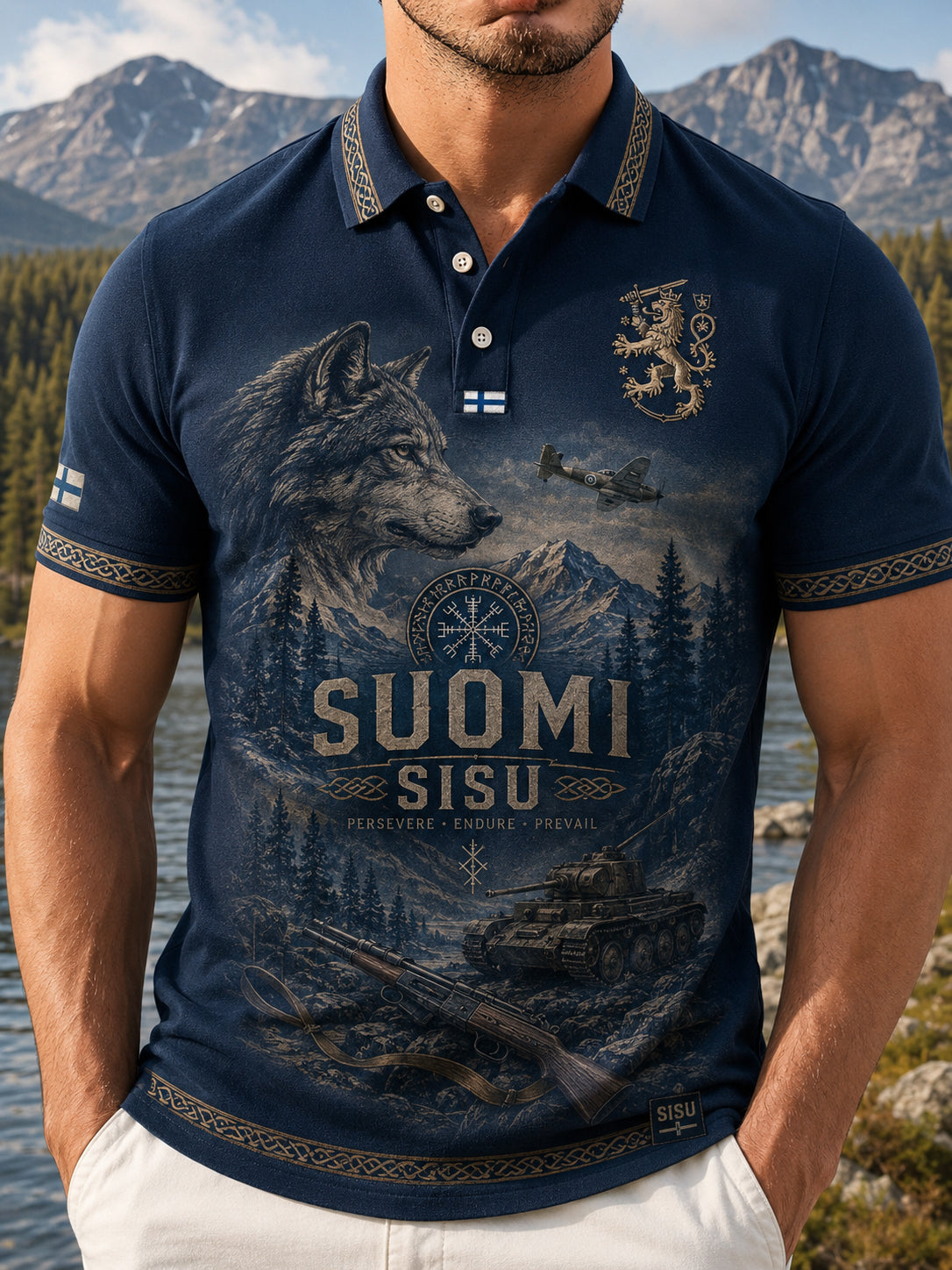 Mäns Sisu Patriotisk konst Print Polo tröja Med grundämnen som påminner om finska veteraner