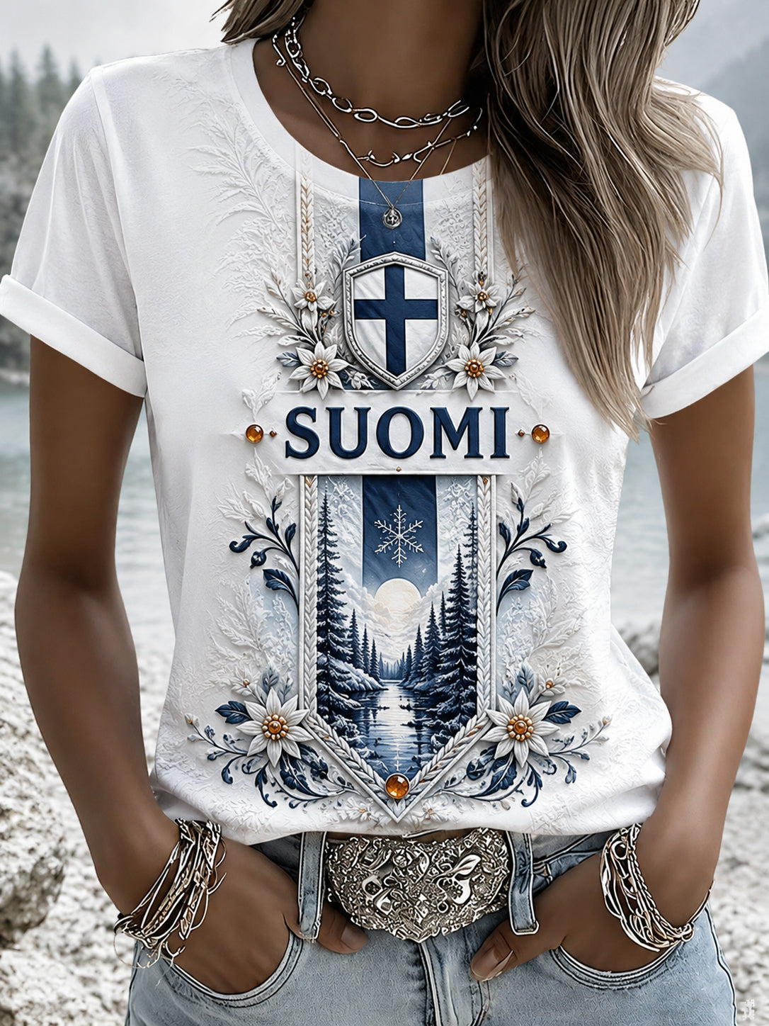 Kvinnors grafiska T-shirt: Hedning av arv och anda av finska veteraner