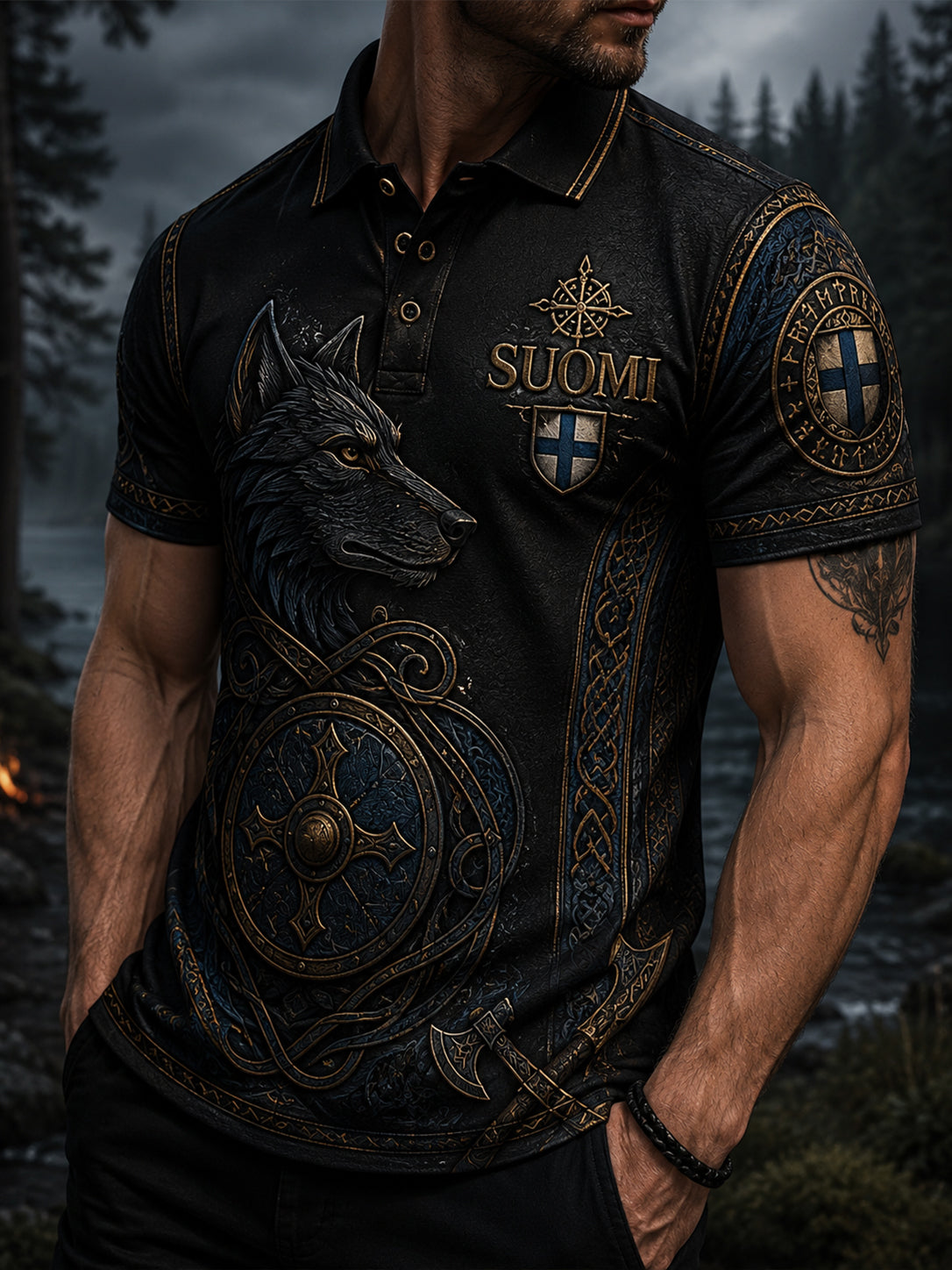 Herrpolotröja med finsk vikingpatriotisk konsttryck