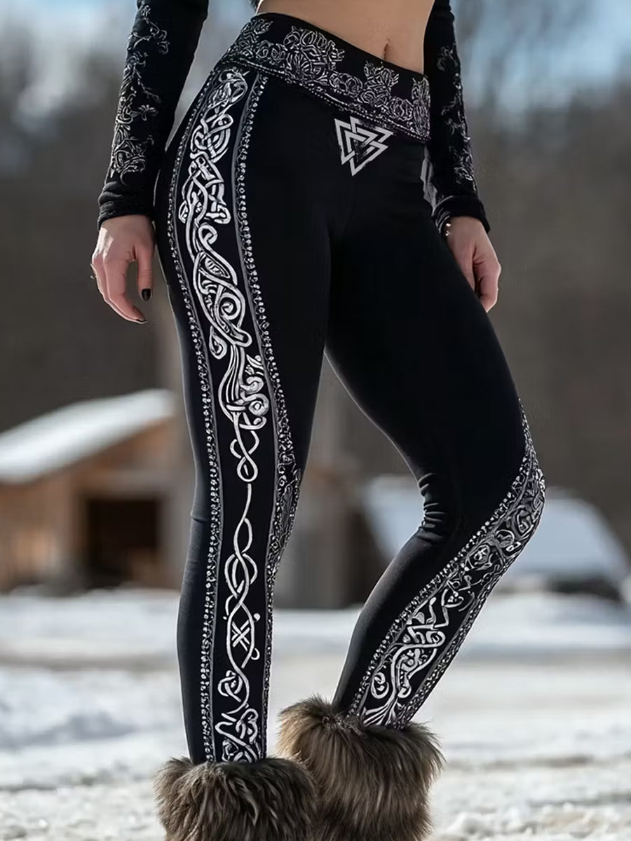 Ledsna leggings med konsttryck i vintage viking- och nordisk stil