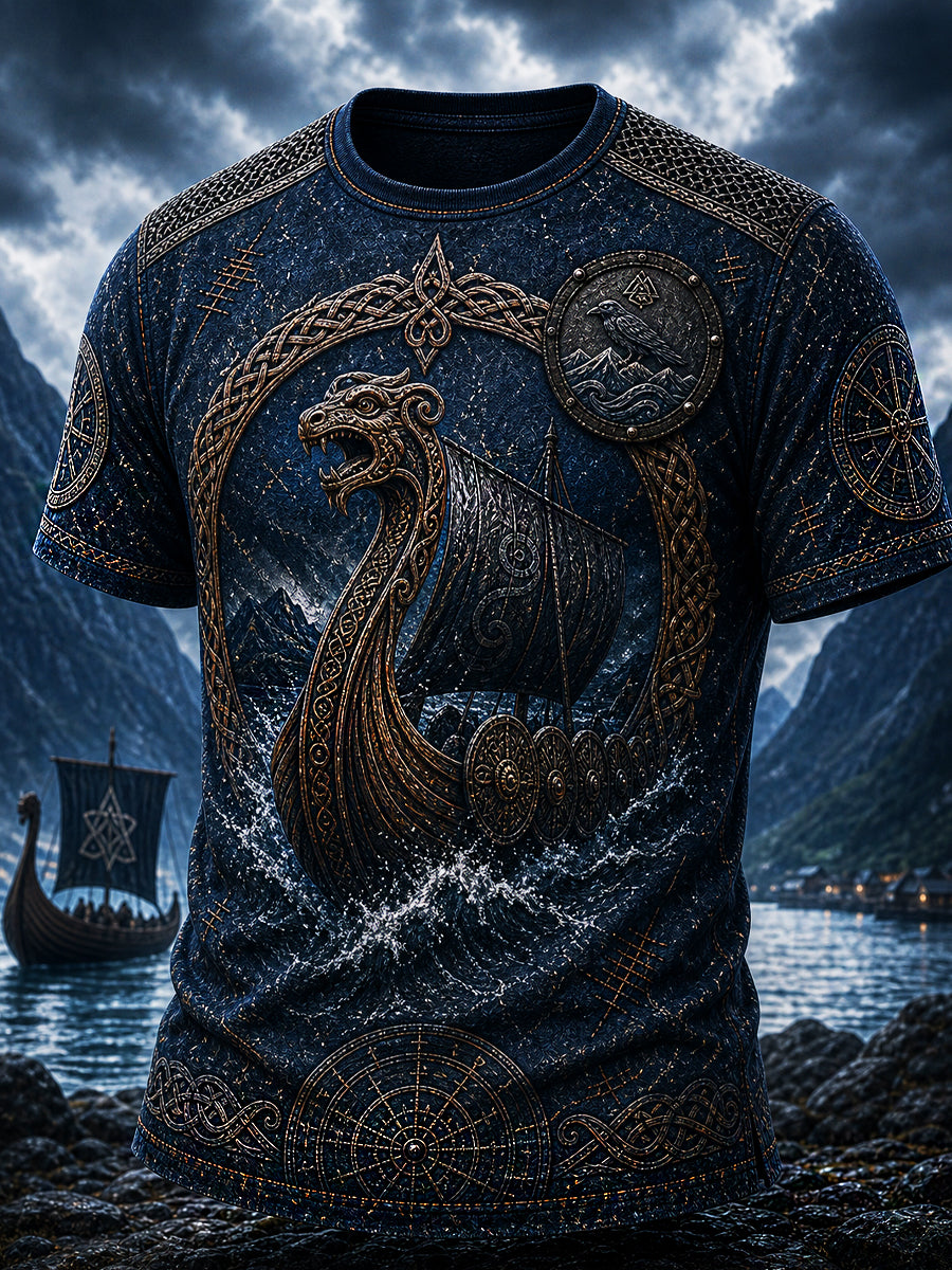 Retro vikingisk grafiskt tryckt t-shirt i nordisk stil för vardagsbruk