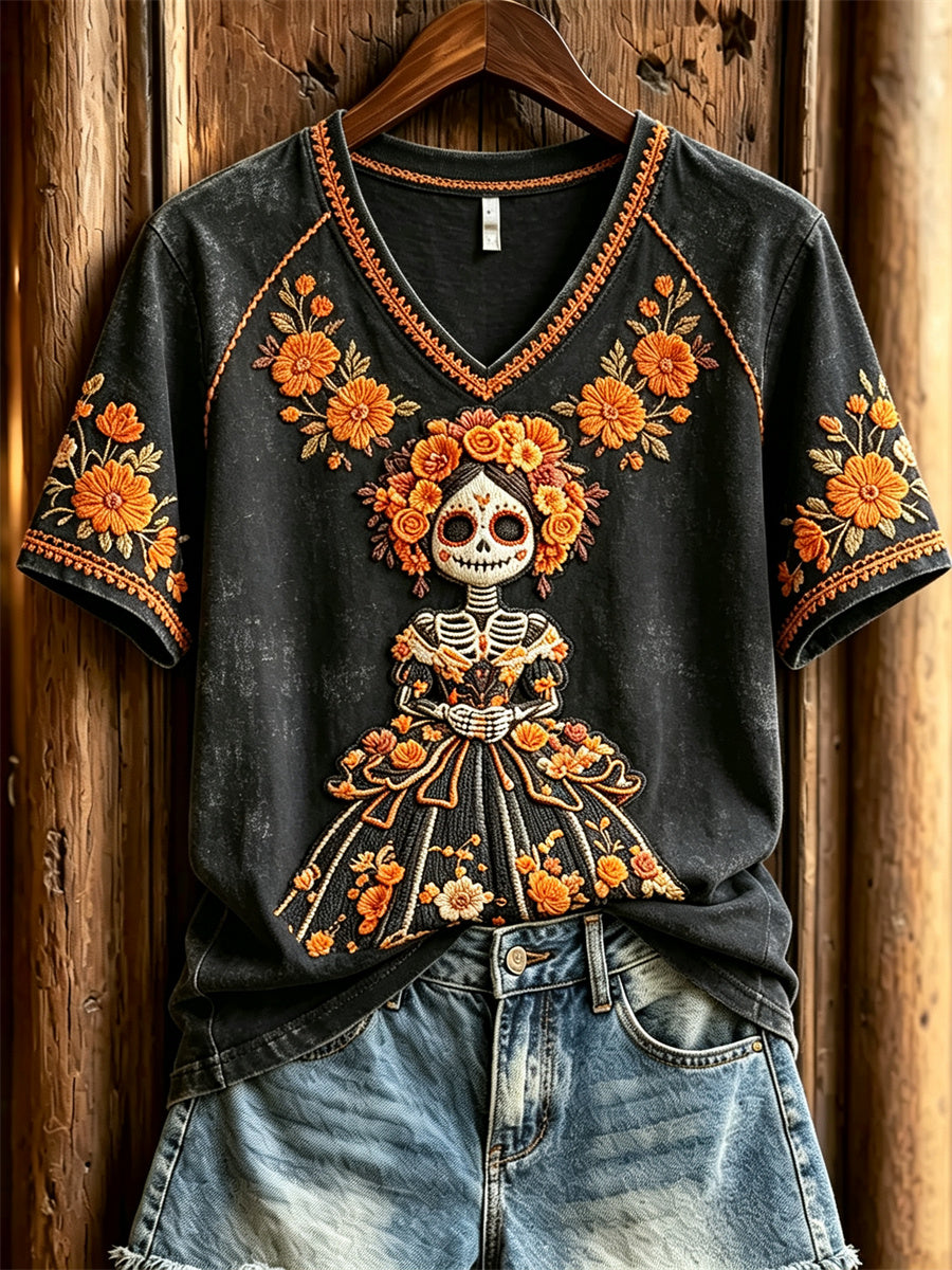 Damens dag av döda socker Skull dam mexikanska Marigolds Floral Print kortärmad T-shirt