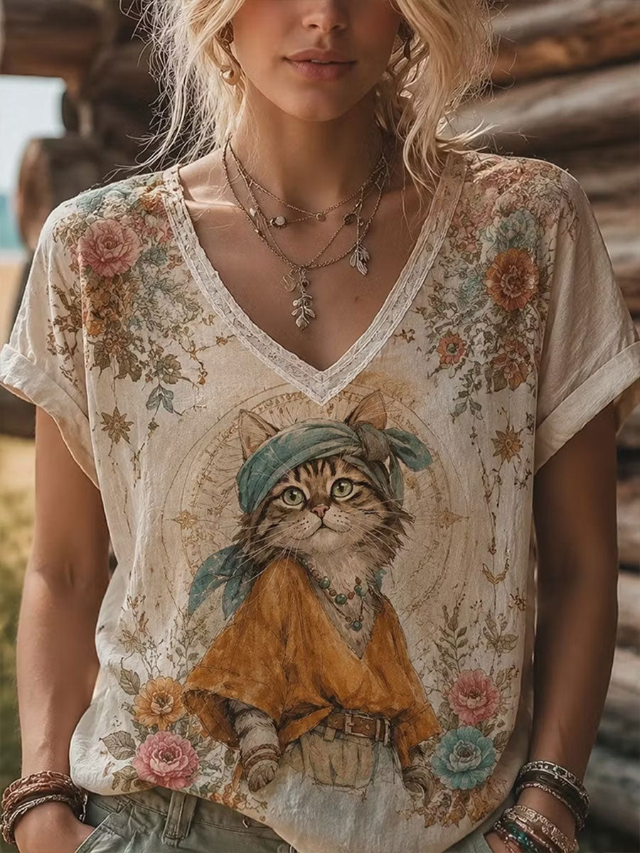Dams Elegant Blommigt Katt Bomullslinne Topp