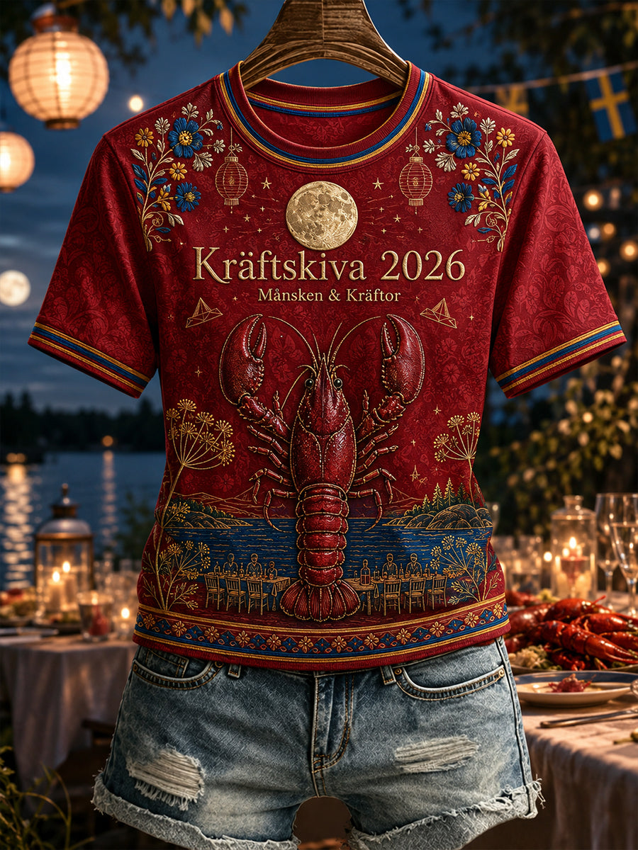 Kvinnlig svensk kräftskivet-shirt med korta ärmar