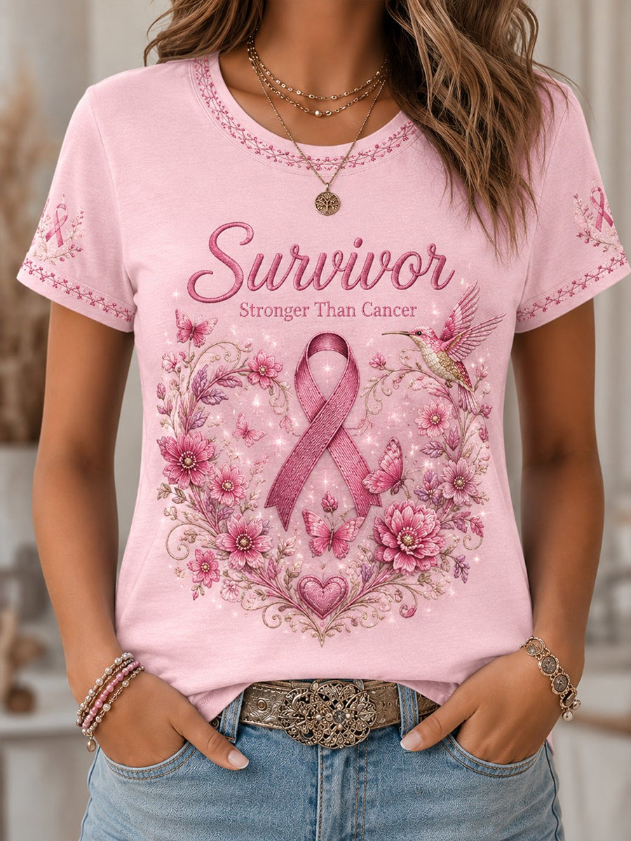 T-shirt med korta ärmar och tryck för att höja medvetenheten om bröstcancer hos kvinnor