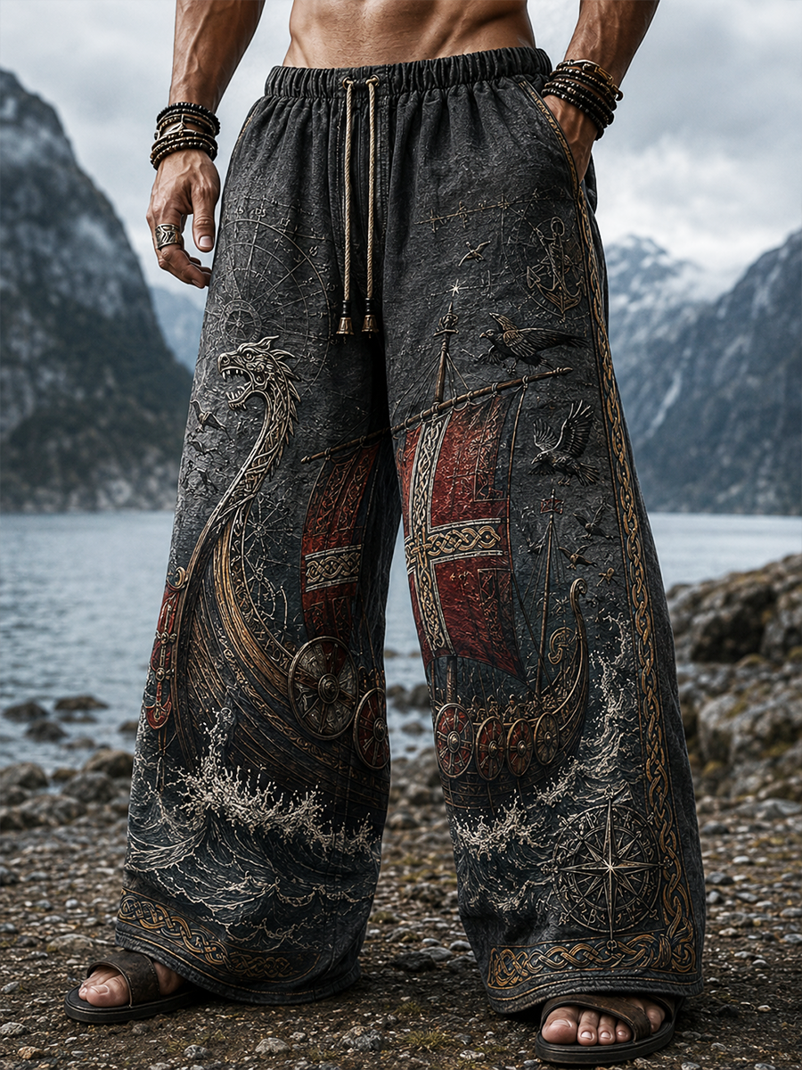 Mäns danska vikingar Konst tryckt bomull och hampa byxor
