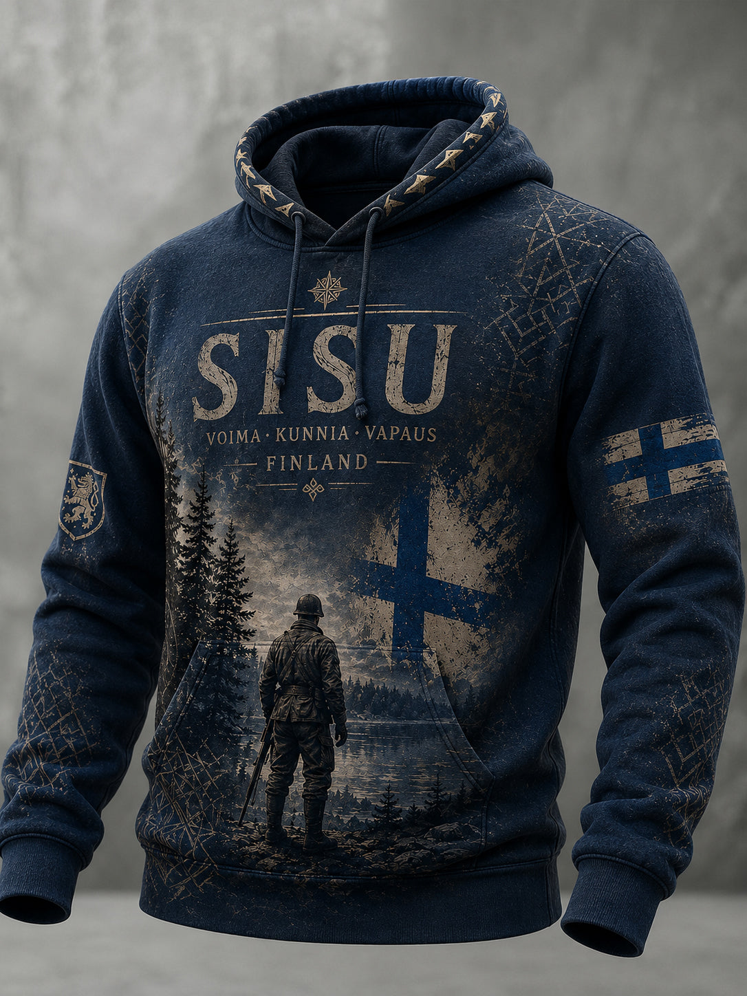 Herrligan i finsk veterananda, konsttryck på hoodie