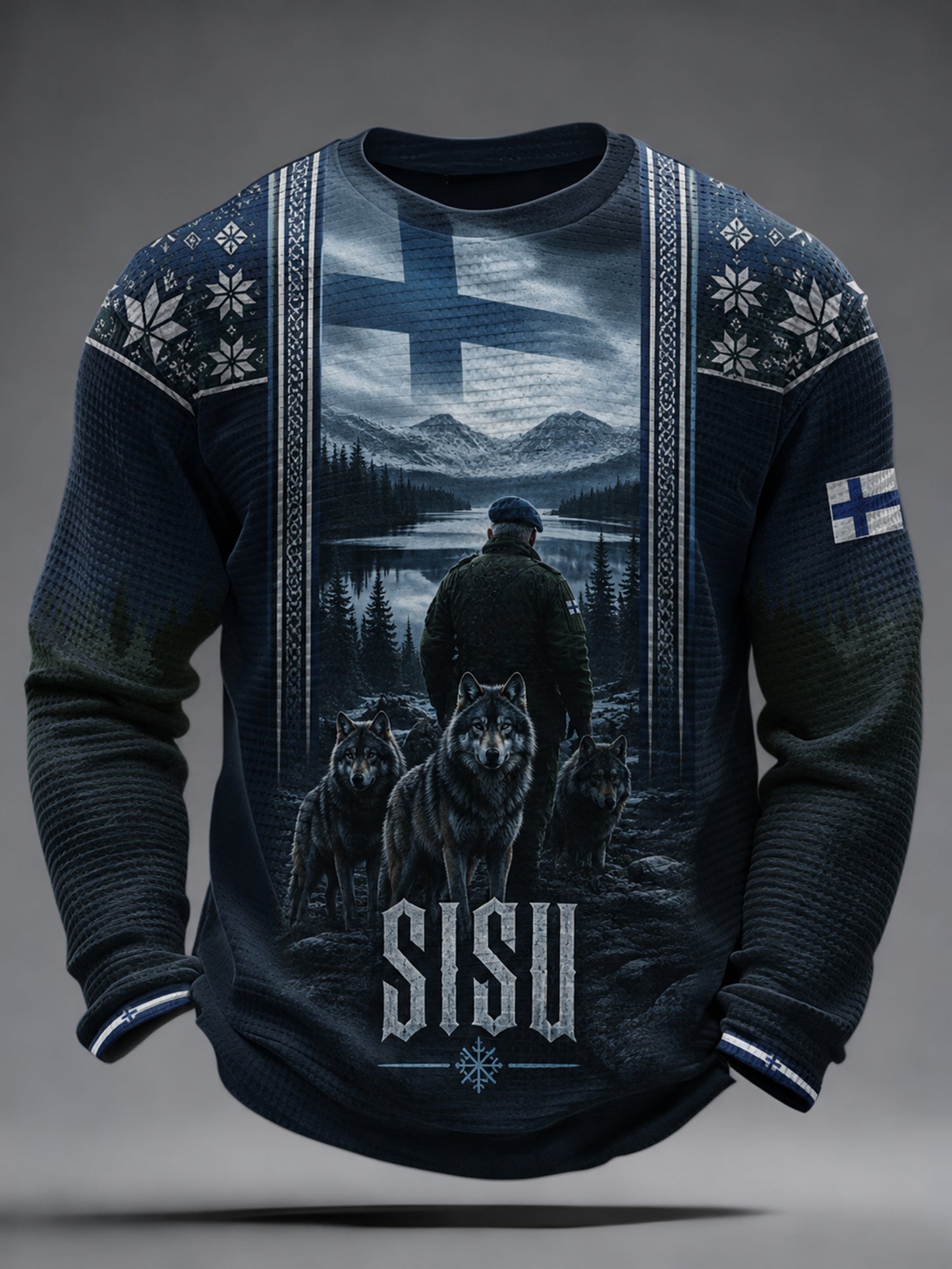 Herrtröja med långa ärmar och finsk veteranmotiv i Sisu-patriotiskt konsttryck