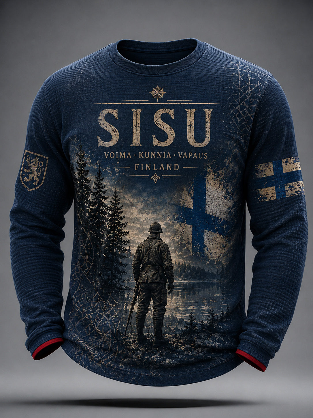 Herrtröja med konsttryck på långärmad t-shirt – Finländskt veterananda och arv