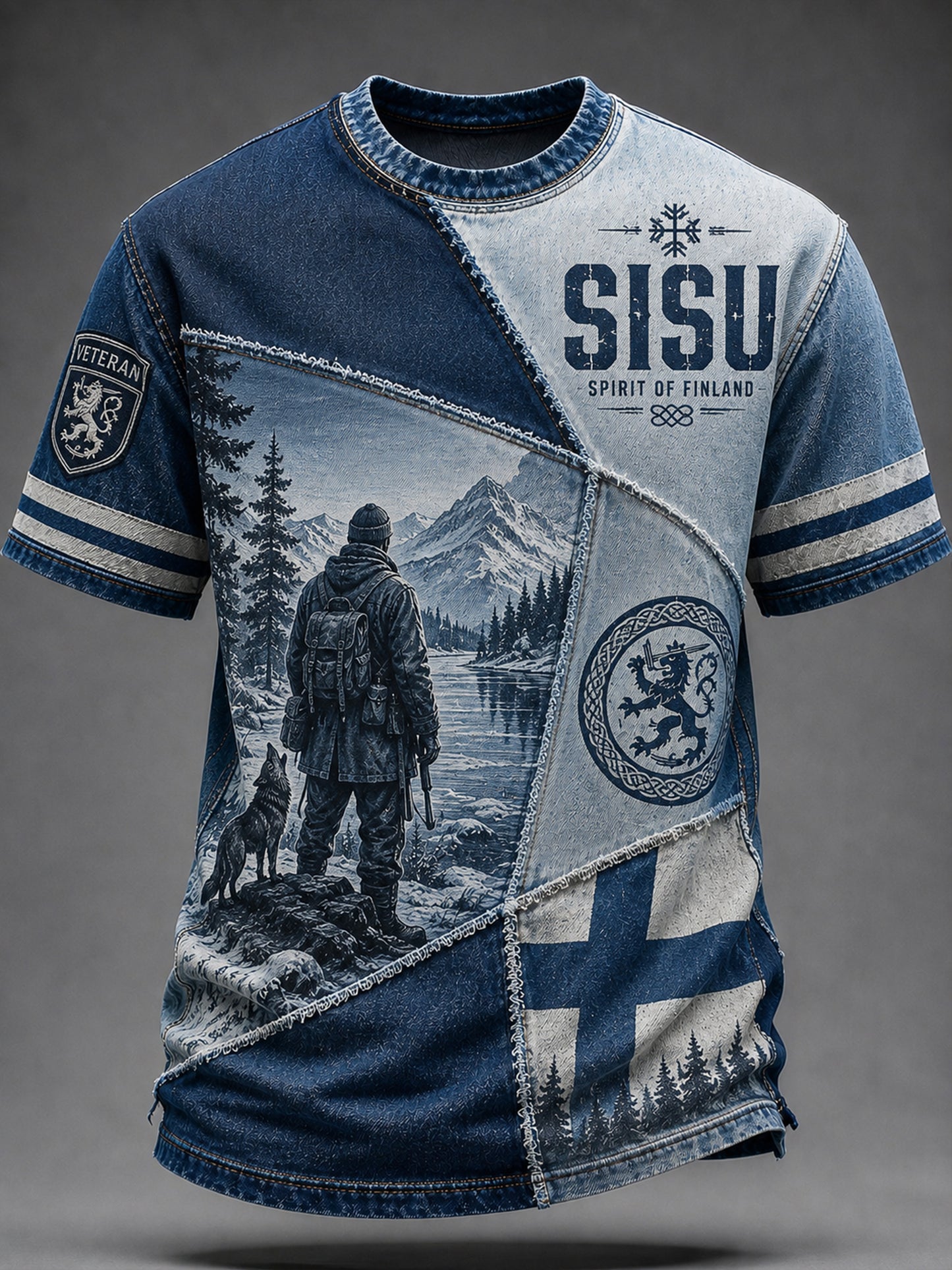 Mäns Sisu Patriotisk konst Skriv ut T-shirt med finska veteranelement