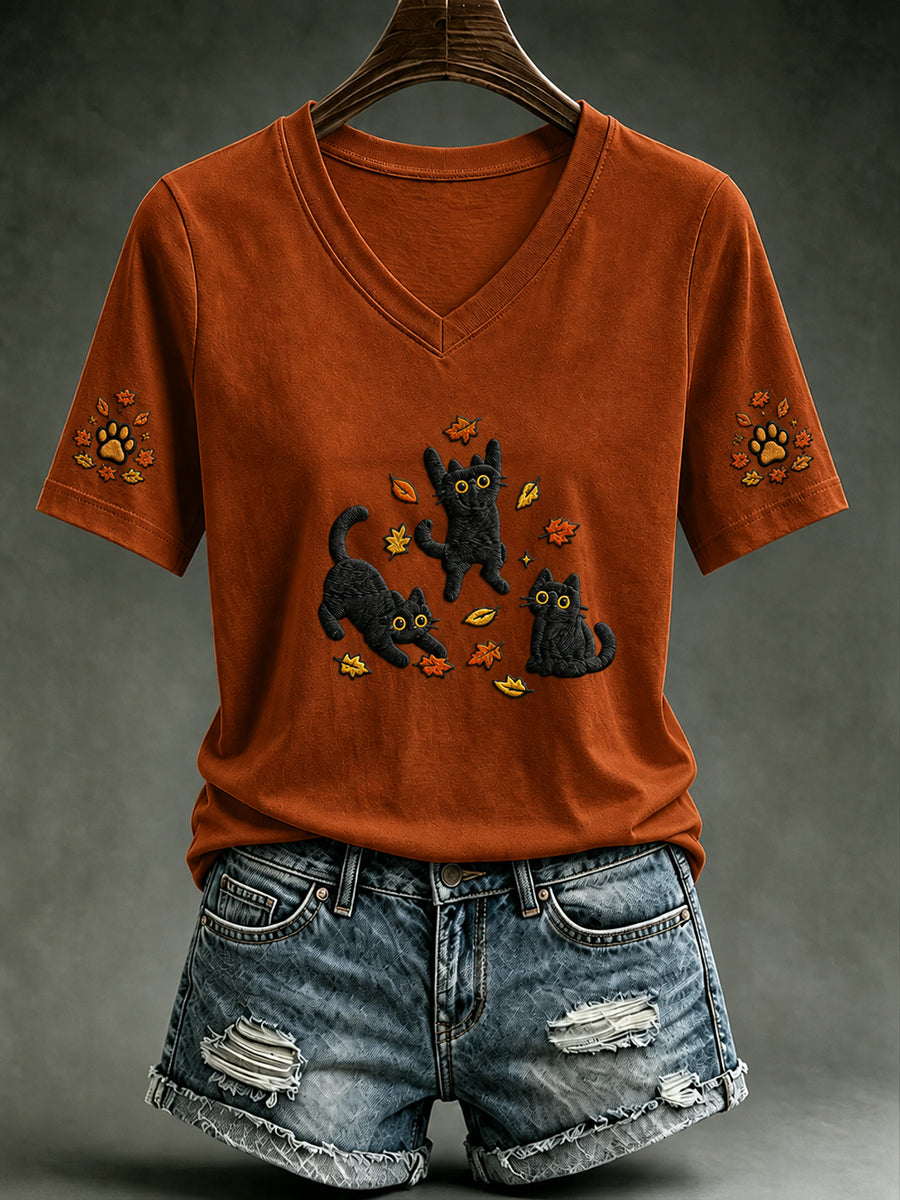 Kvinnors höst söt katt lönn blad pumpa kort ärm T-shirt