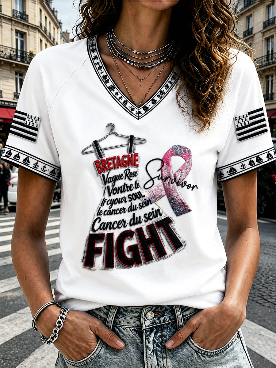 Kvinnors franska Bretagne Bröstcancer Skriv ut Vit Casual V-hals T-shirt