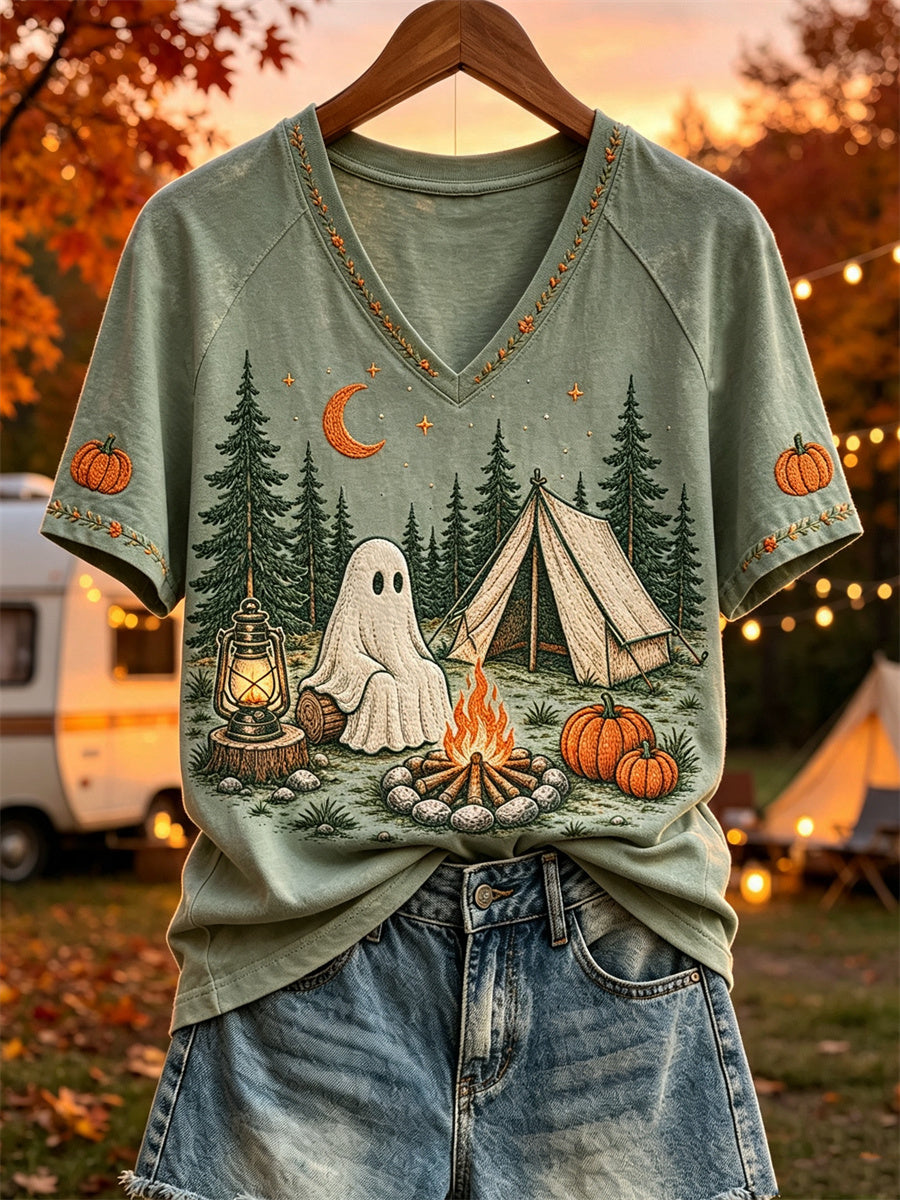 Kvinnors Halloween Ghost Fall Camping Skriv ut kortärmad t-shirta