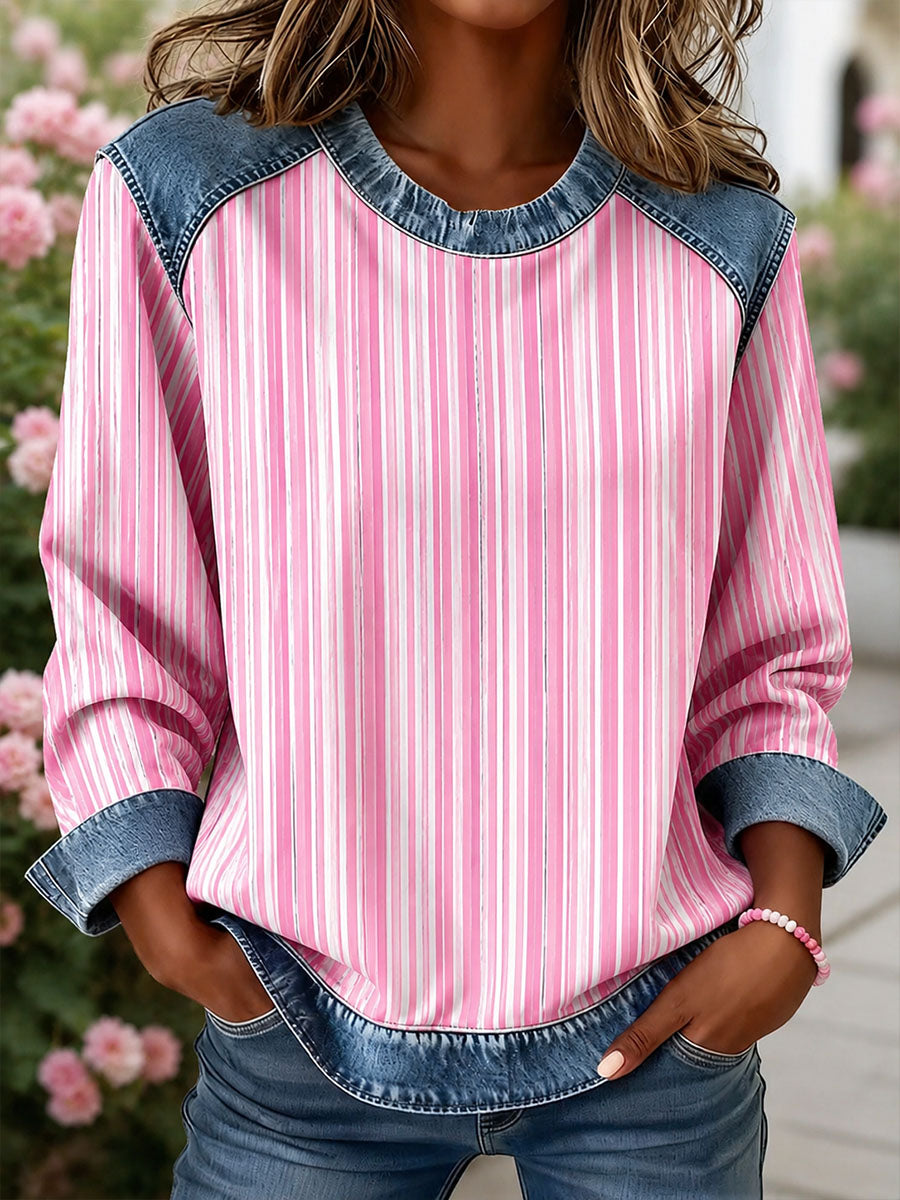 Kvinnors randiga tryck Denim Patchwork topp