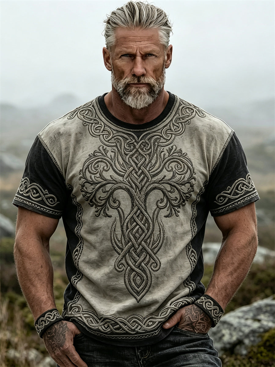 Mansvintage t-shirt med vikingatema, livets träd och keltiskt knutmotiv, korta ärmar