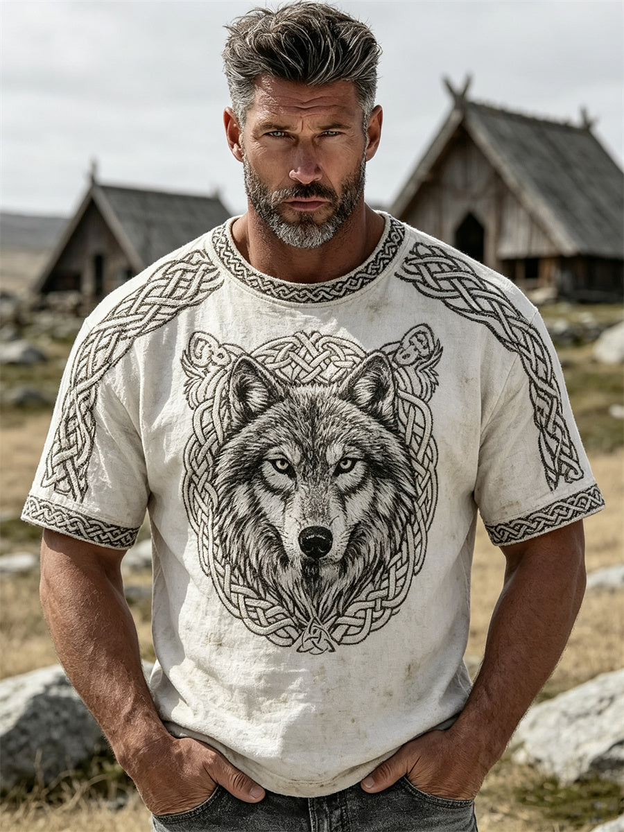Mansvintage t-shirt med korta ärmar, vikingmotiv av vargen Fenrir och keltiskt knutmönster