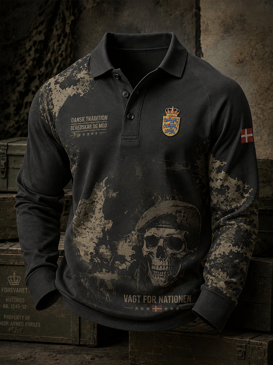 Herrpolotröja med långa ärmar och vintagemönster i militärstil