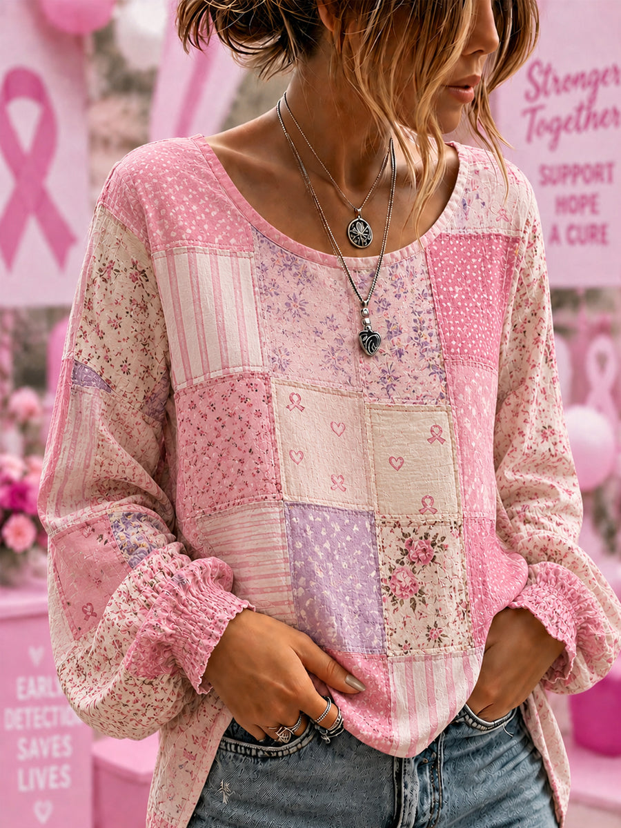 Kvinnors Bröstcancermedvetande Stöd Blommor Rosa Band Bomull-Linne Skjorta