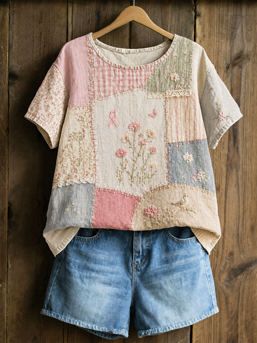 Kvinnlig t-shirt med blommönster för bröstcancerförebyggande och medvetenhet – avslappnad stil