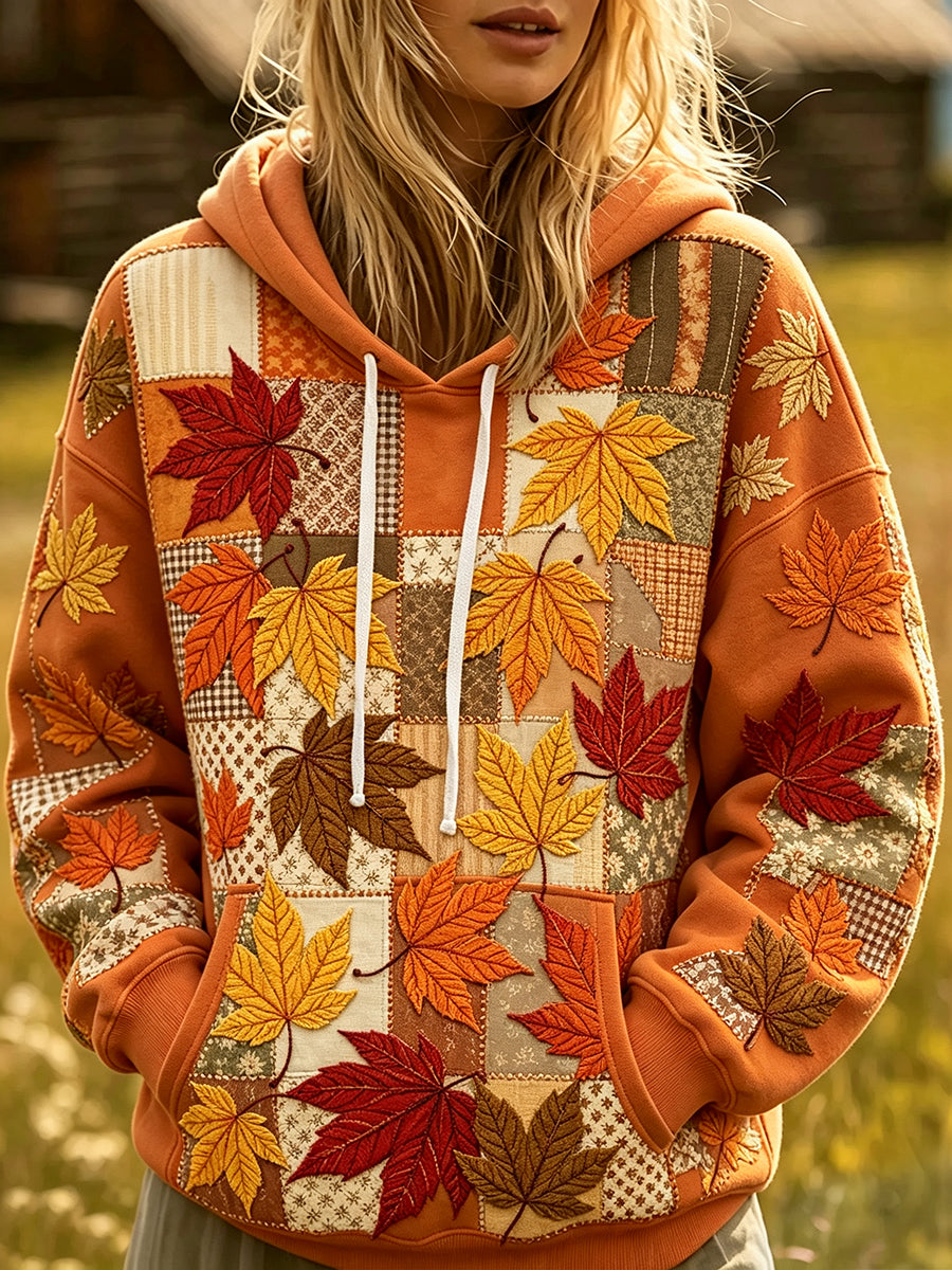 Kvinnors fall lönnblad patchwork Skriv ut mysig Hoodie.