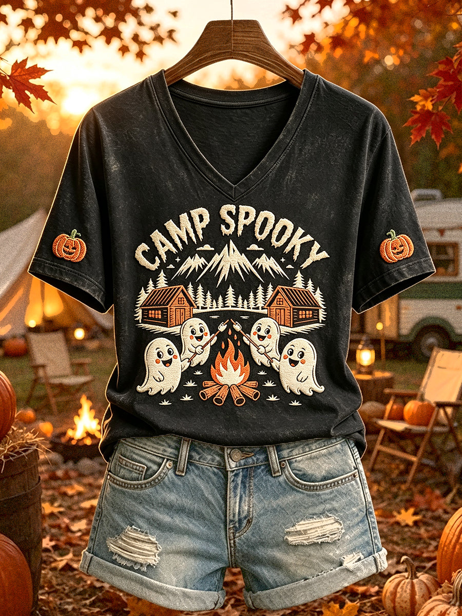 Kvinnors Camp Spökande Halloween Camping Vandring Skriv ut kortärmad T-shirt