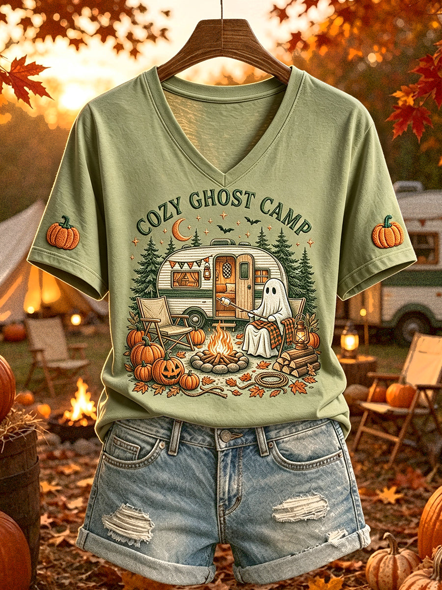 Kvinnors roliga Halloween Camping Ghost Print Short-T-shirt