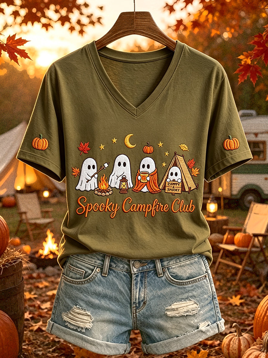 Kvinnors läskiga Campfire Club Skriv ut kortärmad T-shirt