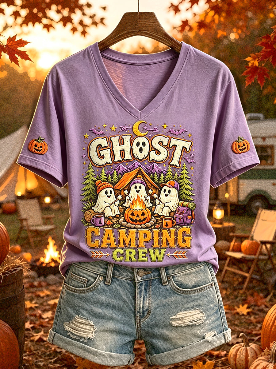 Kvinnors söta Halloween Campfire Outdoor Äventyr Skriv ut kortärmad T-shirt