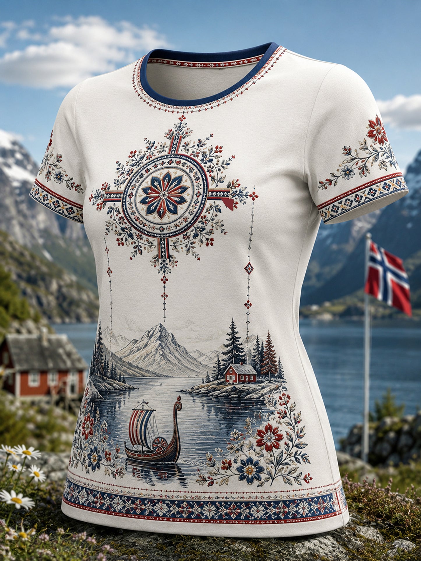 Kvinnlig konsttryck med norsksamiskt kulturellt inslag – avslappnad t-shirt