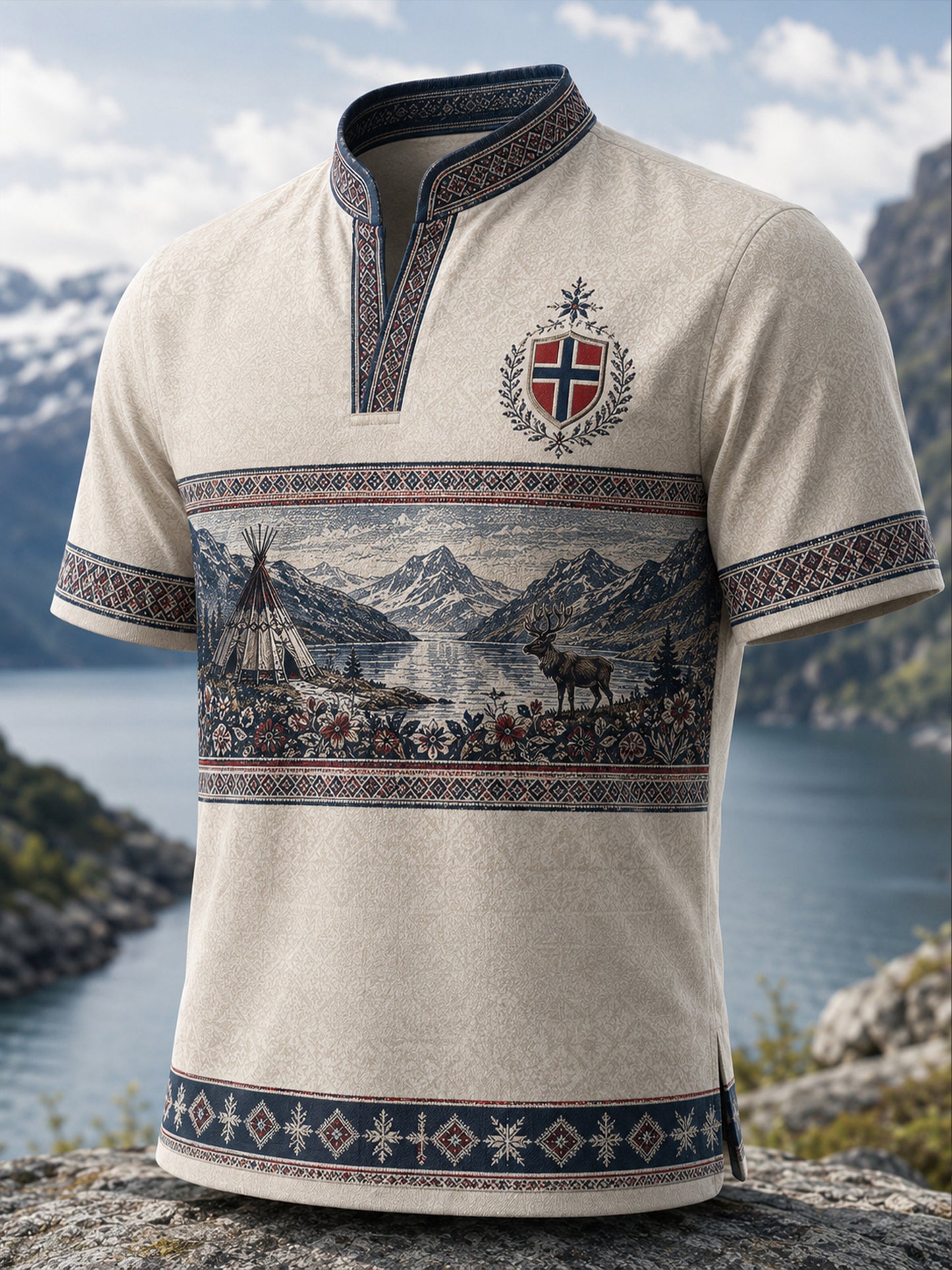 Kvinnlig konsttryck med norskt samiskt kulturellt inslag – avslappnad t-shirt