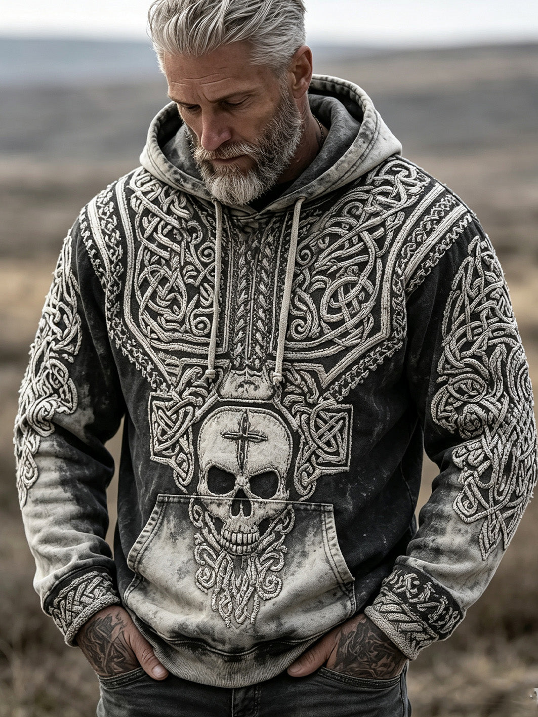 Herrens retro Viking Celtic knut mönster tryckt avslappnad hoodie tryckt