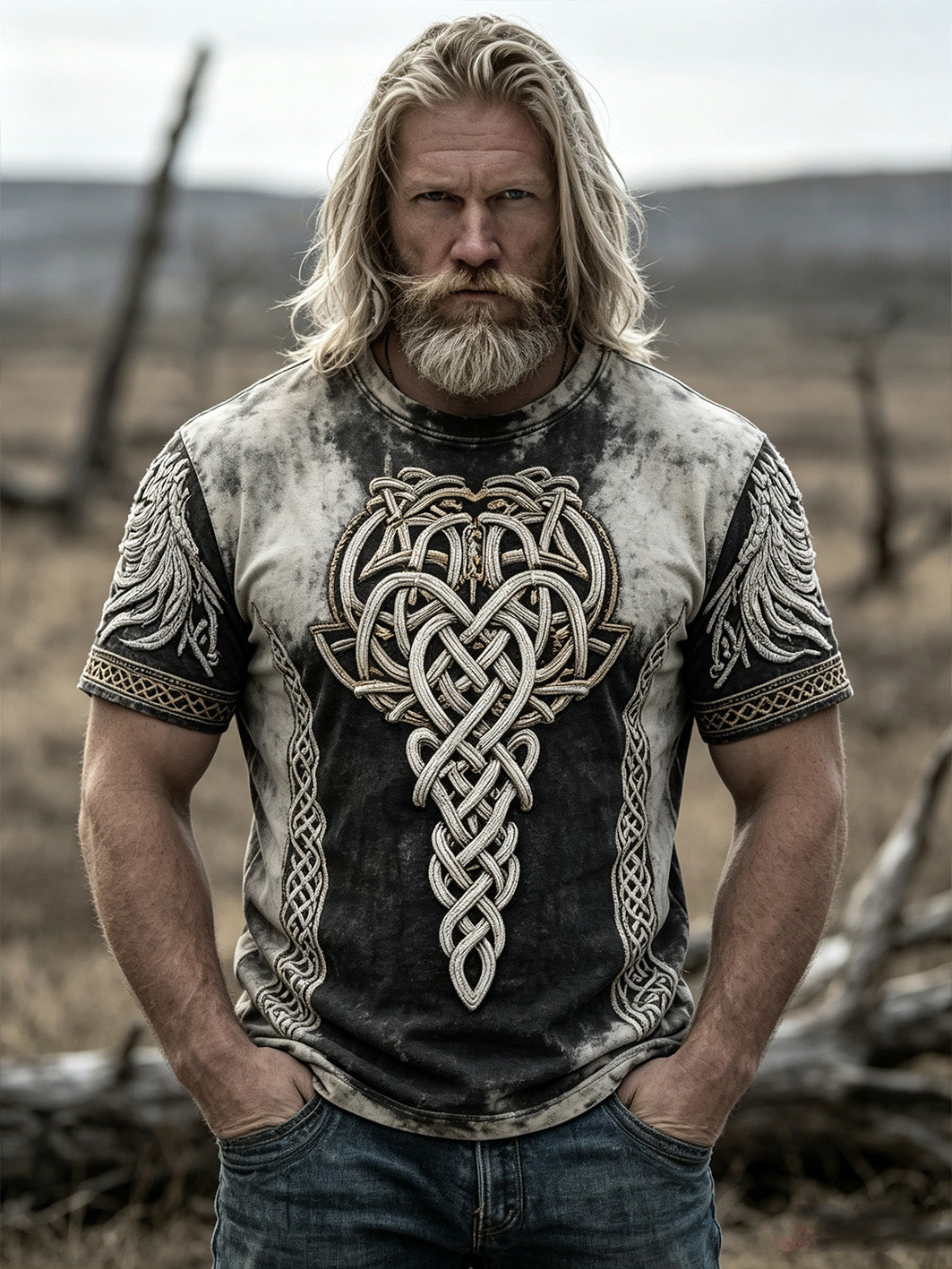 Herrens retro Viking Celtic knut mönster tryckt avslappnad kort ärm T-shirt