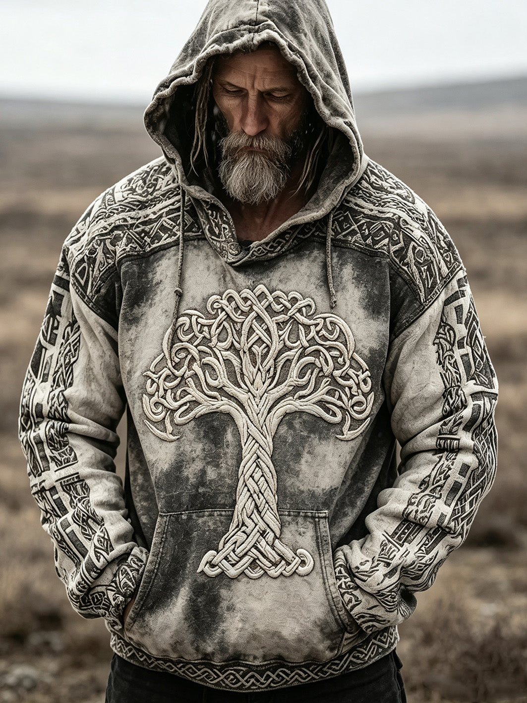 Kvartettens retro vikingaträdsmönster tryckt casual-huvtröja