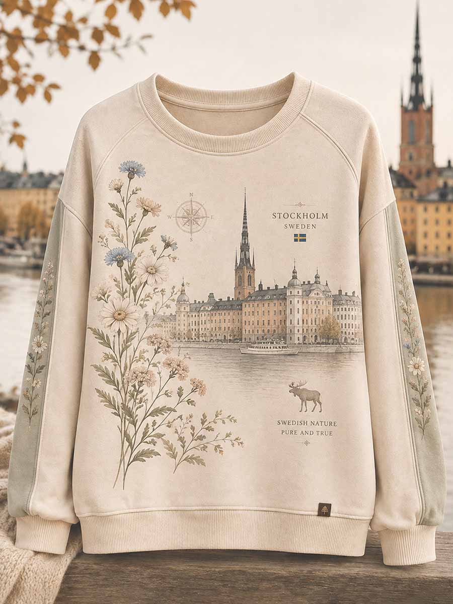 Kvinnor Retro Sverige Stockholm Mönster Tryckt sweathirt