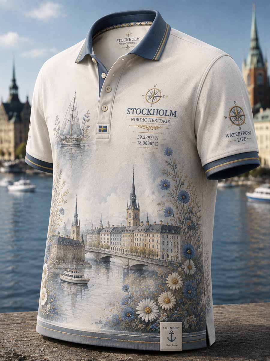 Herrpolotröja i retrostil med Stockholmsmönster