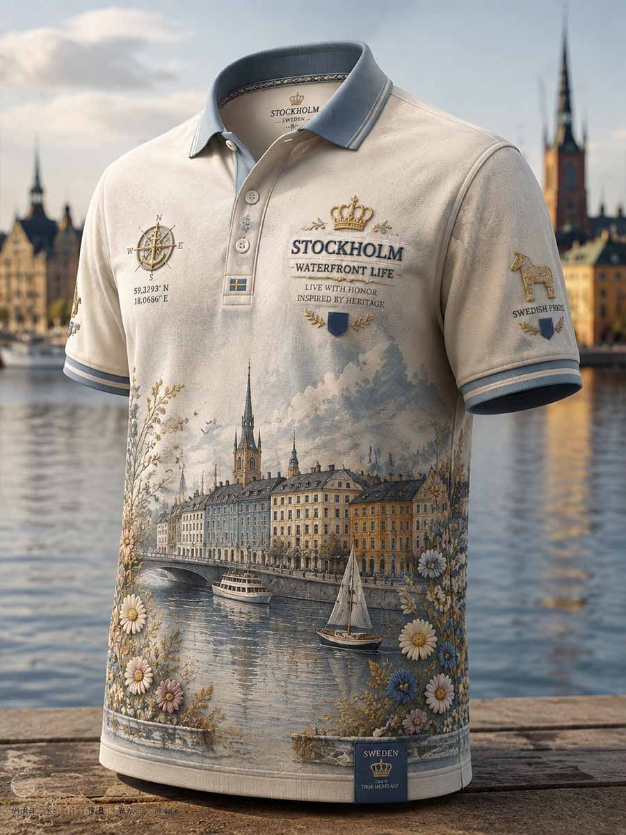Men's Retro Sweden Stockholm Mönster Tryckt polo skjjorta
