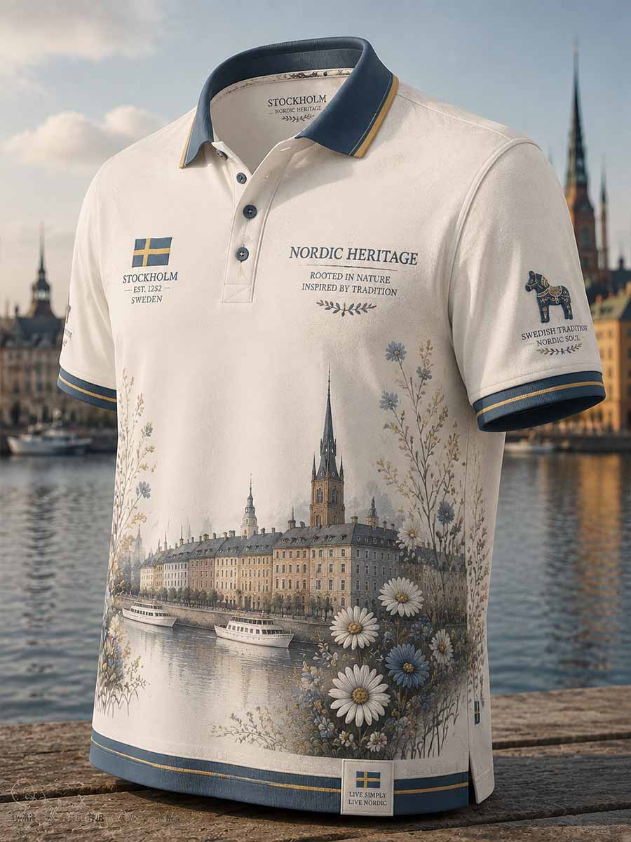 Herrpolotröja i retrostil med Stockholmsmönster