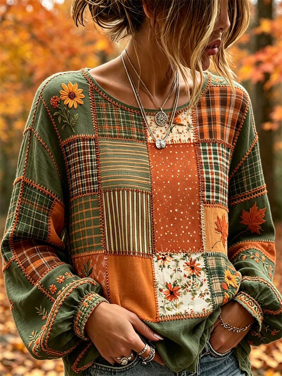 Kvinnors vintage fallen blad blommar färgblock lappverk Print bomull-Linen tröj