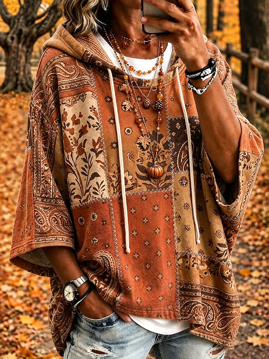 Kvinnors Vintage Ethnic höst patchwork Print Bekväm Hoodie Print