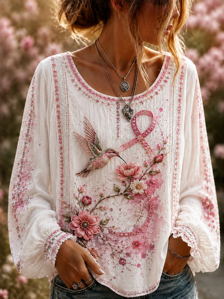 Kvinnors bröstcancer medvetenhet Hummingbird Floral Art Topp