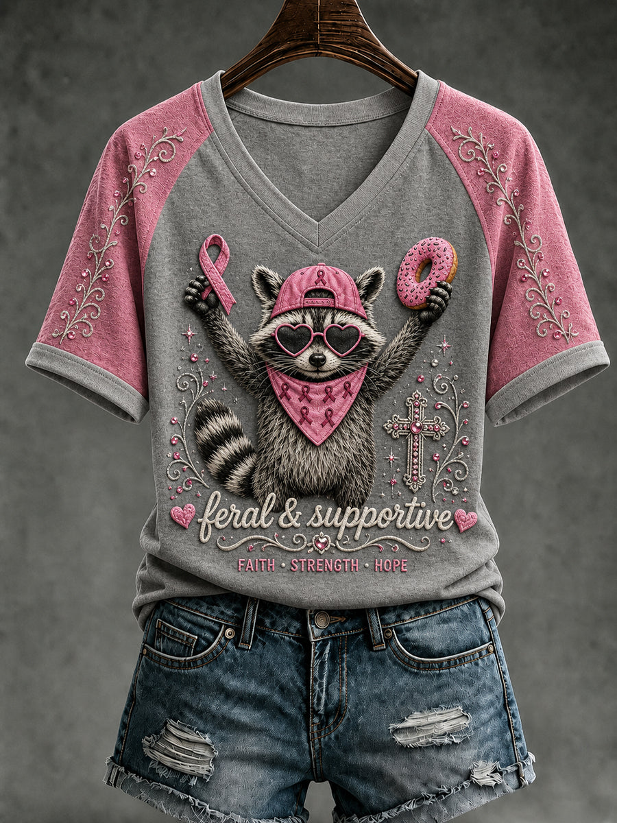 Bröstcancer medvetenhet Pink Ribbon T-shirt med Raccoon V-Hack Design.