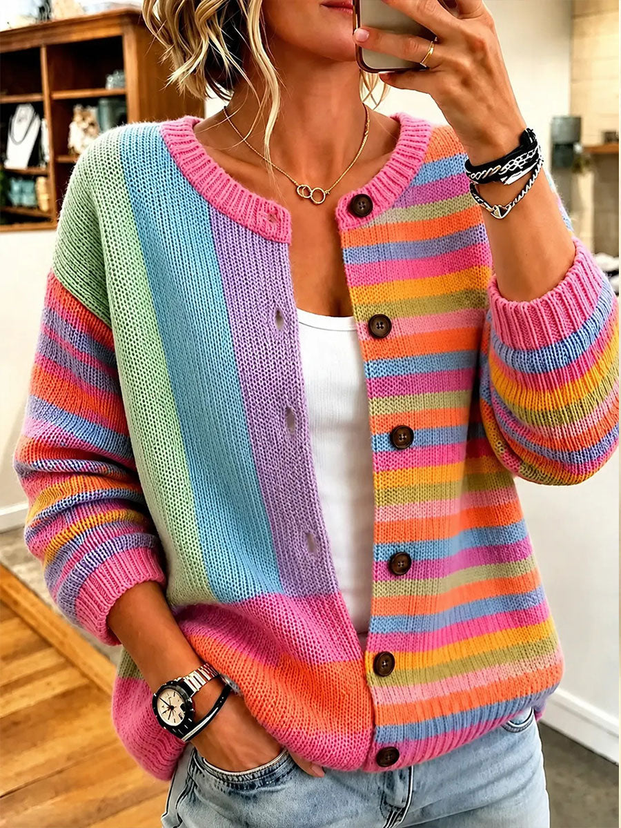 Kvinnors rosa gradient Stripe Casual Cardigan