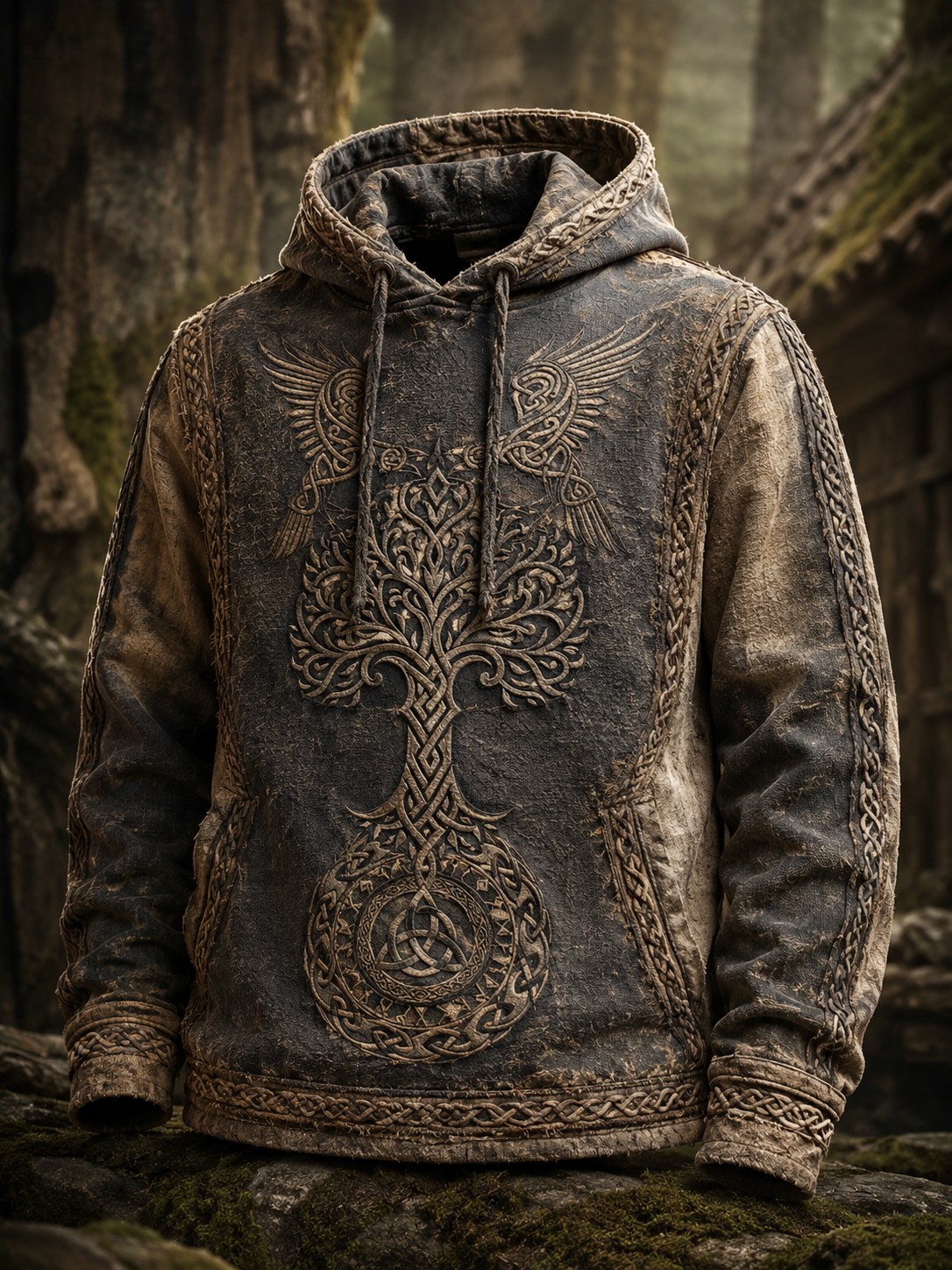 Herrlig retro-vikingavästling med valknut och livsträd – överdimensionerad hoodie