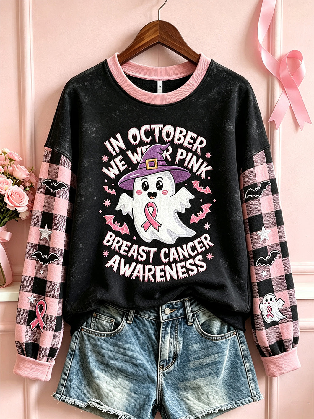 Kvinnors bröstcancer Tema Halloween Söt Boo Element Mönster Tryckta Casual Sweatshirt