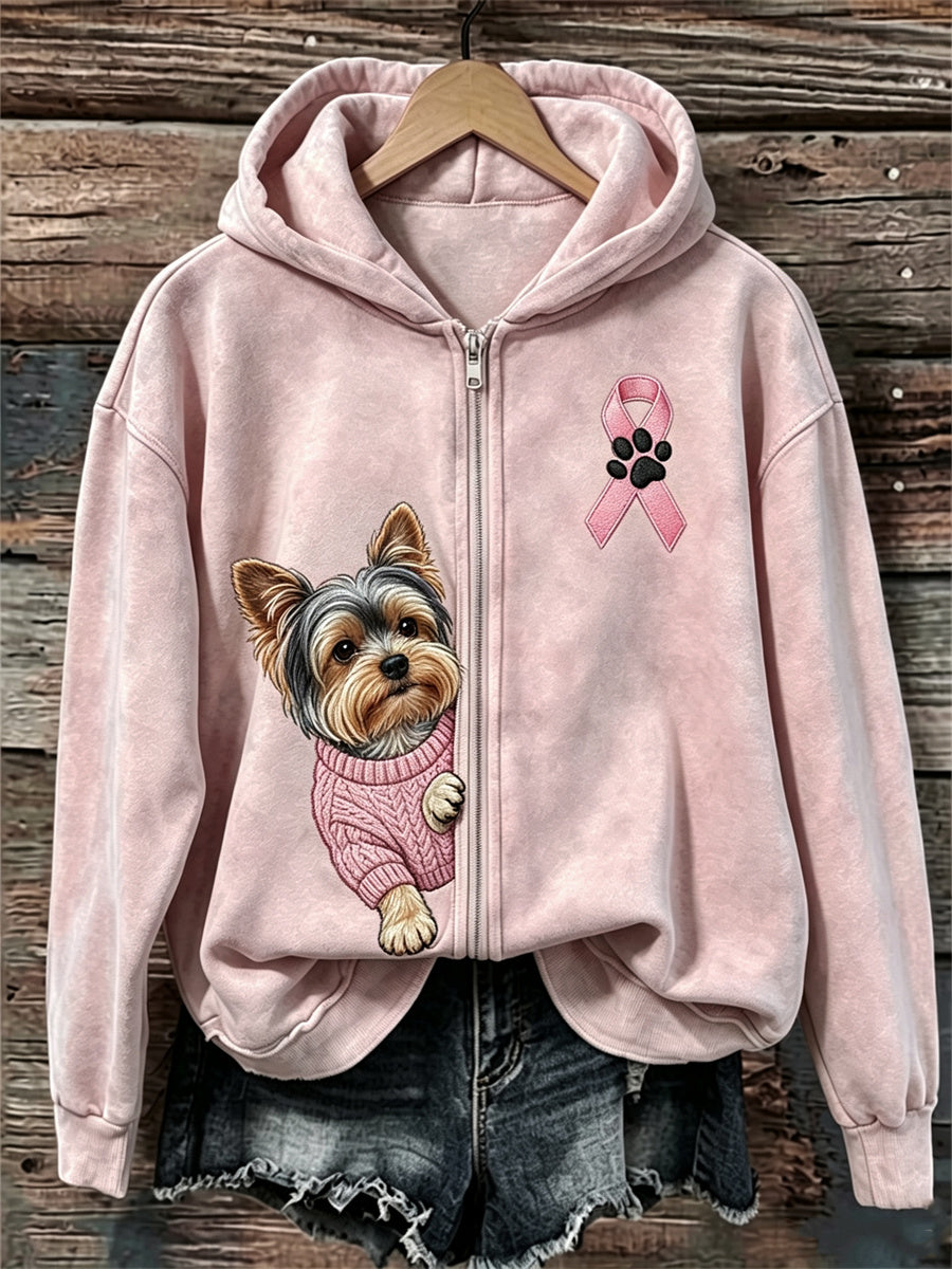 Kvinnors kikande Yorkshire hund Pink Ribbon Bröstcancer medvetenhet full Zip Hoodie.